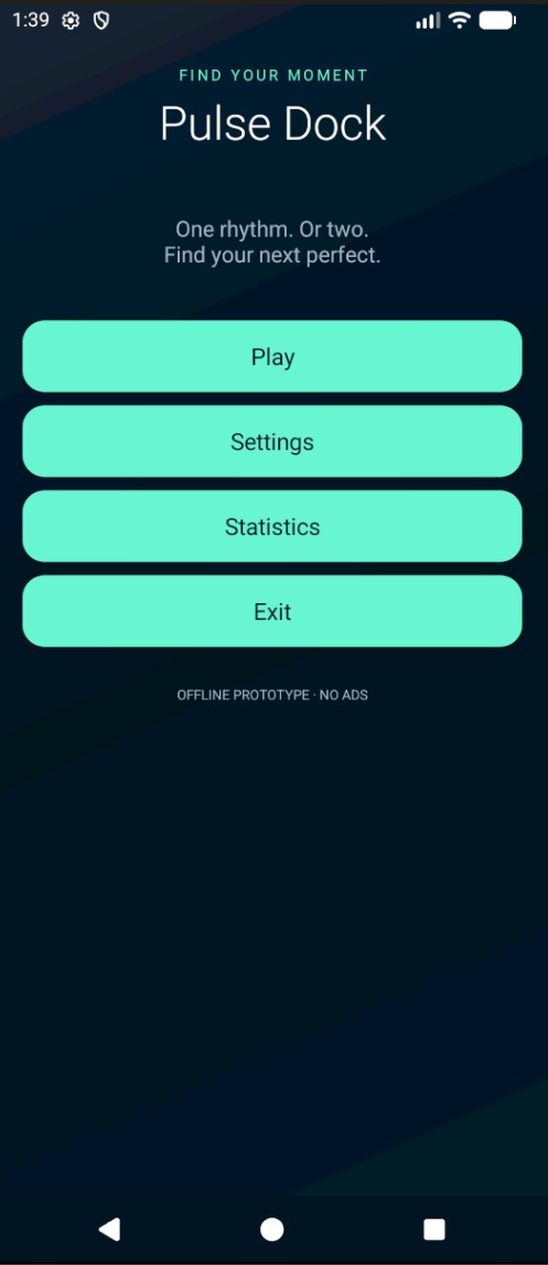 Pulse Dock — menu główne z opcjami Play, Settings, Statistics i Exit